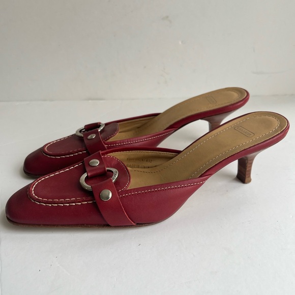 Coach Italy Sheri Red Kitten Heel Silver Buckle Mule loafers size 6B - Picture 11 of 11